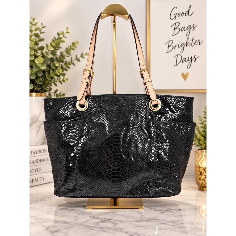Michael Kors Bedford Black Snakeskin Embossed Leather Tote Bag Gold Hardware